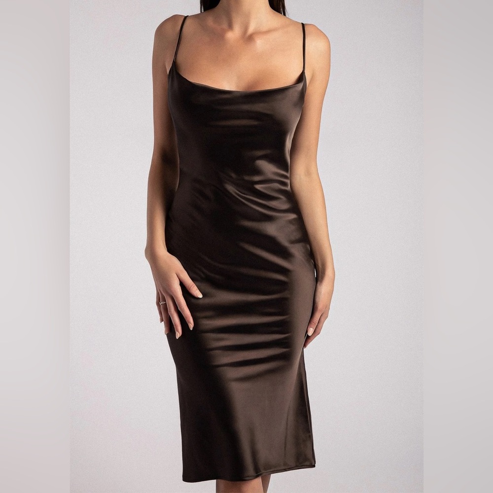 NWOT Meshki Tabitha cowl neck midi dress brown